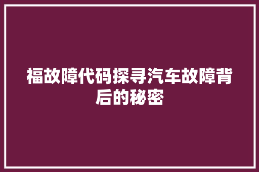 福故障代码探寻汽车故障背后的秘密