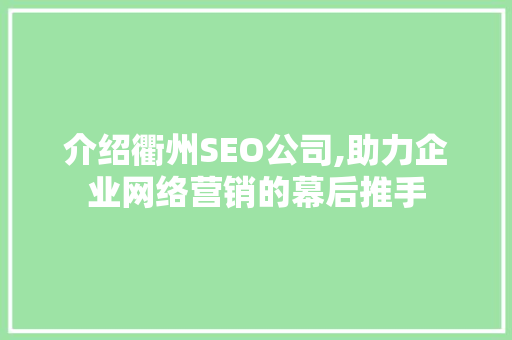 介绍衢州SEO公司,助力企业网络营销的幕后推手