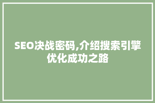 SEO决战密码,介绍搜索引擎优化成功之路