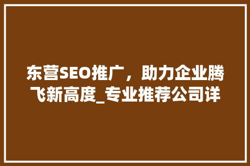 东营SEO推广，助力企业腾飞新高度_专业推荐公司详细介绍