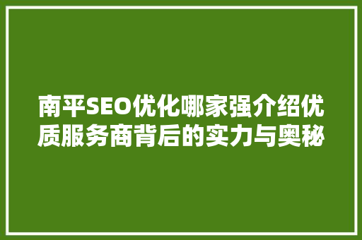 南平SEO优化哪家强介绍优质服务商背后的实力与奥秘