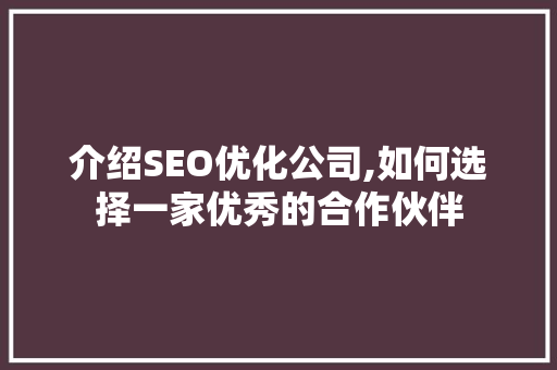 介绍SEO优化公司,如何选择一家优秀的合作伙伴