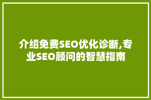 介绍免费SEO优化诊断,专业SEO顾问的智慧指南