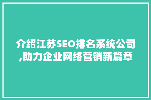 介绍江苏SEO排名系统公司,助力企业网络营销新篇章