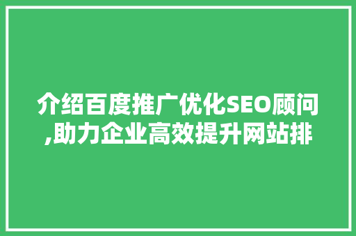 介绍百度推广优化SEO顾问,助力企业高效提升网站排名