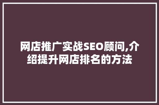 网店推广实战SEO顾问,介绍提升网店排名的方法